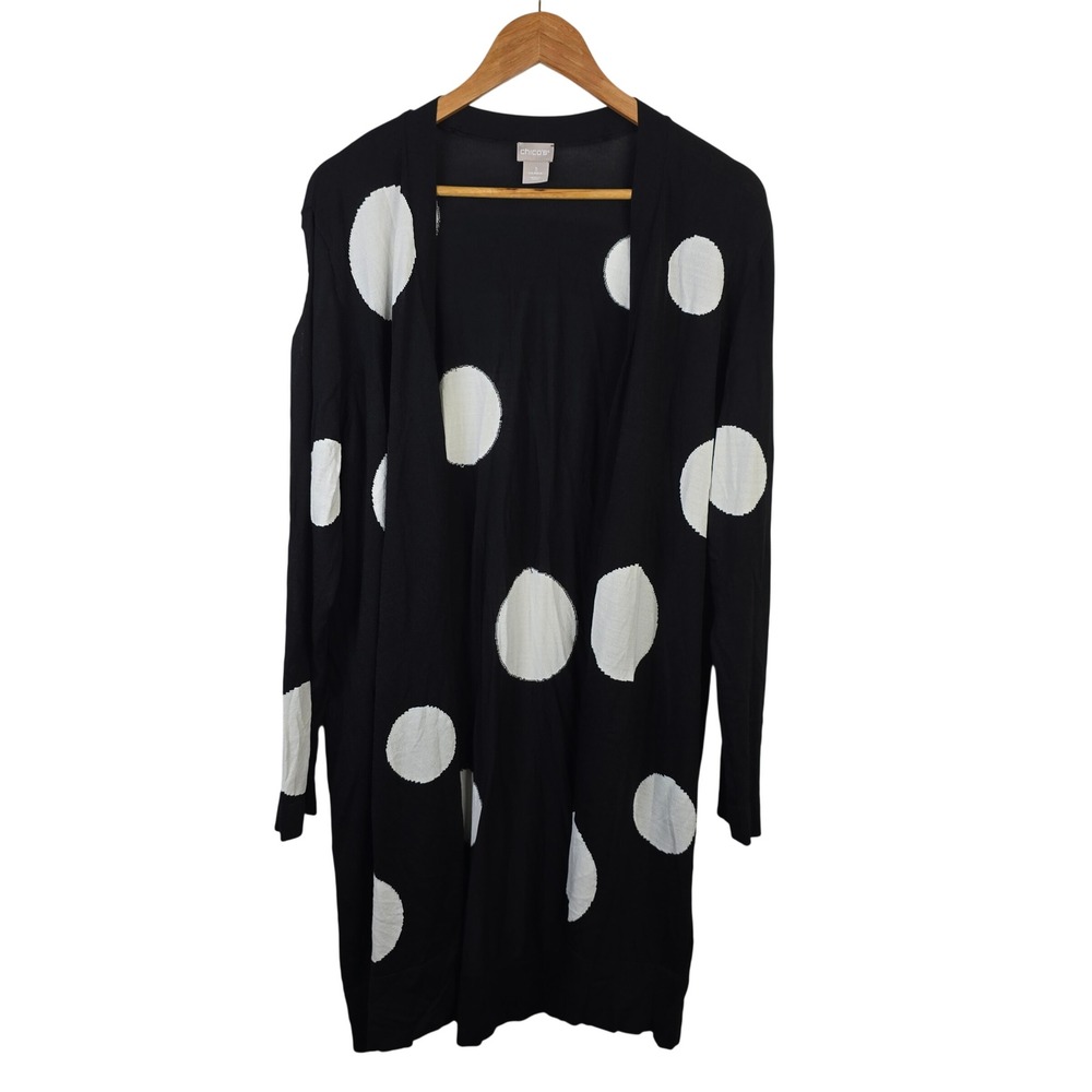 Chicos Cardigan Sweater Womens 3 XL Black White Polka Dot Open Front